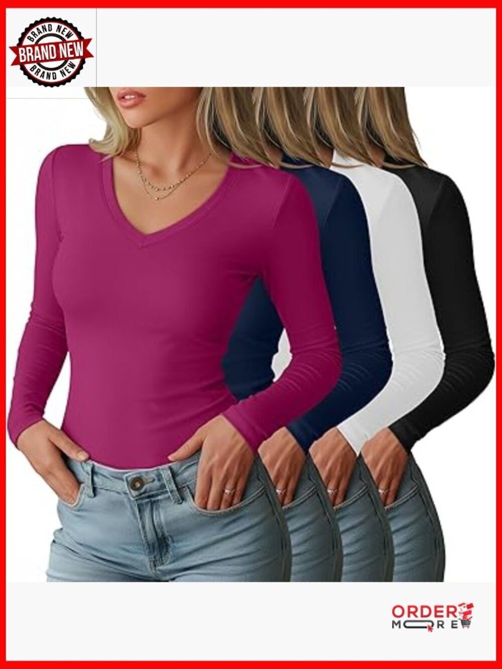 4 Pack Women's Slim Fit V Neck Long Sleeve Tee Shirts Tops